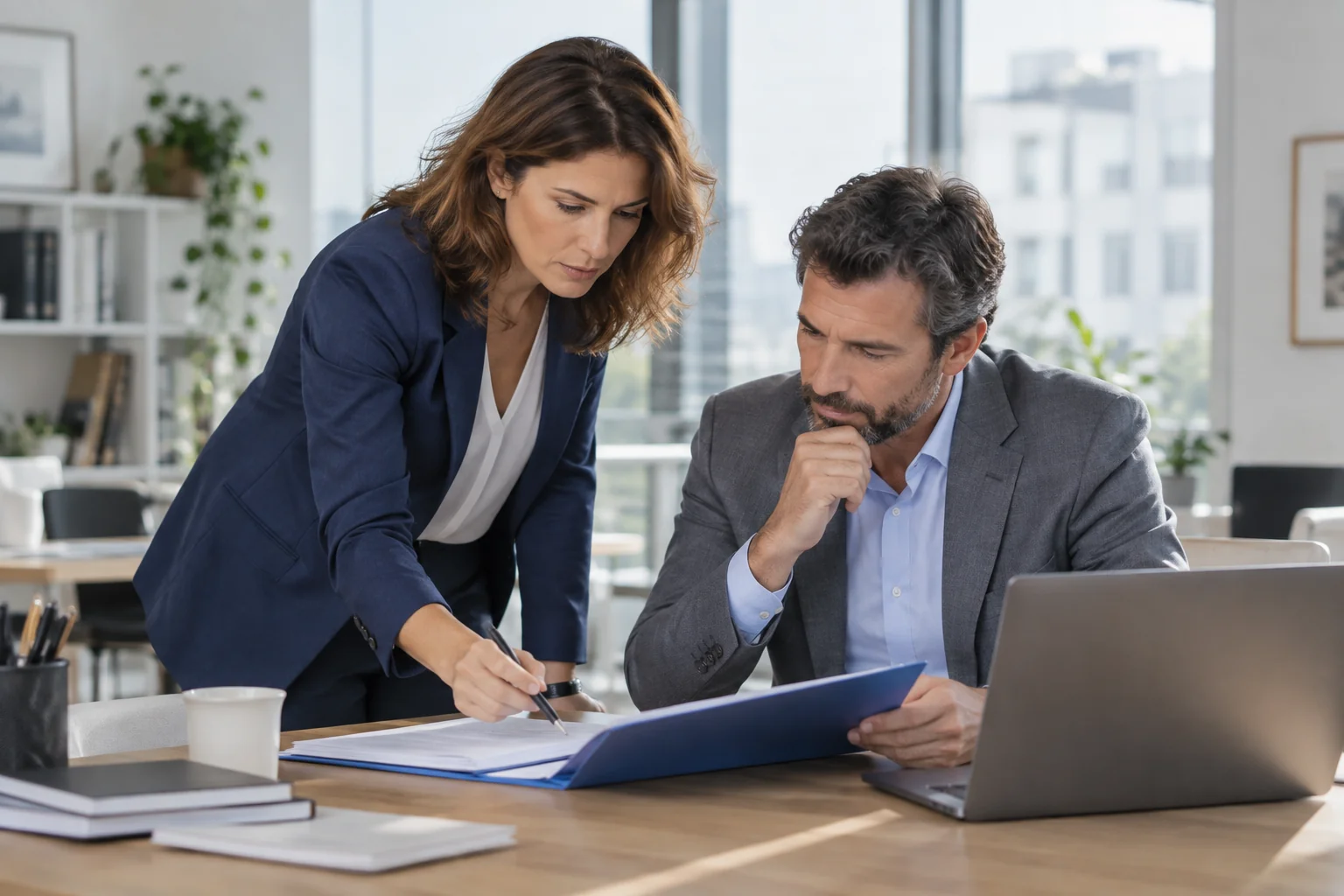 Illustrazione di consulenti che organizzano dati aziendali e pratiche di finanziamento